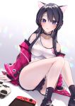  1girl animal_ears ass bare_shoulders bell black_choker black_hair black_legwear black_shorts breasts cat_ear_headphones cat_ears choker fake_animal_ears frills fuu_kotora headphones highres jacket jingle_bell knees_up large_breasts long_hair looking_at_viewer micro_shorts nintendo_switch off_shoulder open_clothes open_jacket original pink_jacket playstation_controller shirt shoes shorts sitting sleeveless sleeveless_shirt socks solo tank_top thighs violet_eyes white_background white_shirt 