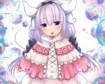  1girl absurdres black_bow blue_eyes blush bow dress hair_bow hairband head_tilt highres horns jitome kanna_kamui kobayashi-san_chi_no_maidragon long_hair looking_at_viewer low_twintails multicolored multicolored_eyes neonbeat parted_lips pink_dress purple_hair skirt solo standing tail twintails upper_teeth violet_eyes white_skirt 