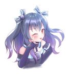 1girl bare_shoulders black_hair collar eyebrows_visible_through_hair hair_between_eyes hair_ornament highres long_hair neptune_(series) one_eye_closed ppppin55 red_eyes simple_background smile solo tongue tongue_out two_side_up uni_(neptune_series) upper_body white_background 