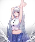  1girl absurdres armpits azur_lane breasts chain denim formidable_(azur_lane) grey_background hands_up highres jeans long_hair looking_at_viewer lordol medium_breasts navel pants red_eyes shirt silver_hair solo very_long_hair white_background white_shirt 