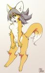  animal_ears artist_name commentary_request full_body fur furry grey_hair inuki_(aruurara) long_hair looking_at_viewer original silver_hair simple_background smile solo tail 