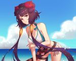  1girl absurdres bangs bare_shoulders bikini blue_eyes breasts clouds cloudy_sky commentary fate/grand_order fate_(series) floral_print goggles goggles_on_head hair_ornament highres jesse_(pixiv34586727) katsushika_hokusai_(fate/grand_order) katsushika_hokusai_(swimsuit_saber)_(fate) long_hair looking_at_viewer medium_breasts ocean octopus outdoors purple_hair short_hair sky swimsuit thigh_strap water white_bikini 