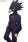 1boy absurdres alternate_costume animal_head arm_at_side black_footwear black_shirt boku_no_hero_academia boots closed_mouth clothing_request commentary_request eyemask_u_u feet_out_of_frame hand_on_hip highres knee_boots long_sleeves looking_at_viewer male_focus pants red_eyes shirt simple_background solo tokoyami_fumikage twitter_username vest white_background 