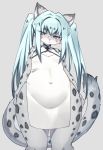  1girl animal_ears animal_nose blue_eyes blue_hair blush breasts commentary_request covered_navel cowboy_shot furry grey_background grey_fur hair_between_eyes leopard leopard_ears leopard_girl leopard_tail long_hair looking_at_viewer original saigi simple_background small_breasts snow_leopard solo spotted_fur tail twintails 