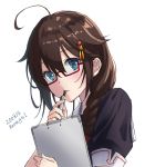  1girl ahoge bespectacled black_hair black_serafuku blue_eyes braid clipboard commentary_request glasses hair_flaps hair_ornament hair_over_shoulder kantai_collection long_hair looking_at_viewer pen red-framed_eyewear remodel_(kantai_collection) school_uniform serafuku shigure_(kantai_collection) simple_background single_braid solo u0709 white_background 