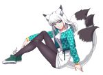  1girl animal_ear_fluff animal_ears aqua_eyes aqua_jacket black_legwear fox_ears full_body green_footwear hijinrui_gakuen hood hood_down jacket kyuubi long_sleeves looking_at_viewer multiple_tails nogi_(sakanashikatabenai) pantyhose signature sitting slit_pupils smile solo tail white_hair zipper 