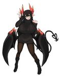  1girl black_footwear black_hair black_sweater black_tail black_wings boots breasts cowboy_shot demon_girl demon_horns demon_tail dress fang full_body glasses highres horns j_14180 merii_(musuko_ga_kawaikute_shikatanai_mazoku_no_hahaoya) musuko_ga_kawaikute_shikatanai_mazoku_no_hahaoya pantyhose pointy_ears red-framed_eyewear ribbed_sweater semi-rimless_eyewear sweater sweater_dress tail under-rim_eyewear white_background wings 