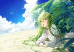  1boy androgynous bangs beach blue_sky blurry clouds condensation_trail dappled_sunlight depth_of_field enkidu_(fate/strange_fake) eyelashes fate_(series) flower flying green_eyes green_hair hair_between_eyes long_hair long_sleeves looking_at_viewer lying midriff mouth_hold ocean on_ground on_stomach plant robe saki_(nighters) sand sky solo sunlight very_long_hair white_flower 