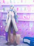  1boy absurdres binggwaryu blue_hair blue_scarf blurry bokeh brown_pants closed_eyes coat commentary depth_of_field facing_viewer food full_body hand_up highres ice_cream ice_cream_bar kaito male_focus open_mouth oversized_food pants scarf shelf smile solo sprinkles standing symbol_commentary v vocaloid white_coat 