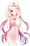  1girl bandages costume hat highres looking_at_viewer nurse nurse_cap official_art pink_hair pumpkin red_eyes selena_(soccer_spirits) shirahane_nao smile soccer_spirits stethoscope thigh-highs torn_clothes 