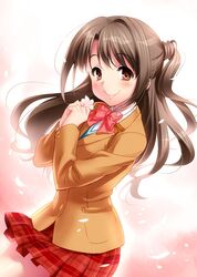  1girl bangs blazer blush bow bowtie breasts brown_hair brown_jacket ears_visible_through_hair eyebrows_visible_through_hair half_updo hands_together idolmaster idolmaster_cinderella_girls jacket long_hair long_sleeves looking_at_viewer plaid plaid_skirt red_neckwear shimamura_uzuki simple_background skirt smile solo yellow_eyes zen 