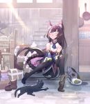  1girl animal_ears black_hair boot_removed boots cat cat_ears cat_tail closed_eyes detached_sleeves dress fuyouchu karyl_(princess_connect!) low_twintails pantyhose princess_connect! princess_connect!_re:dive sleeveless sleeveless_dress sunlight tail thigh-highs twintails 