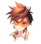  1girl artist_name bangs brown_eyes brown_hair character_sheet closed_mouth collar commentary_request ear_piercing earrings english_text goggles hair_between_eyes jewelry korean_commentary lips looking_at_viewer maro_(lij512) overwatch piercing short_hair simple_background smile solo spiky_hair tracer_(overwatch) white_background 