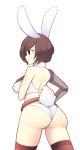  1girl animal_ears ass back black_legwear bra breasts brown_hair bunny_tail fizintine highres large_breasts mechanical_arm original panties rabbit_ears short_hair solo strapless strapless_bra tail thigh-highs underwear white_background white_bra white_panties 