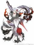  1girl asymmetrical_bangs bangs blood bloody_clothes bow_(weapon) crossbow dress elbow_gloves eyebrows_visible_through_hair flower full_body gloves grey_eyes grey_hair hair_flower hair_ornament highres huge_weapon ji_no looking_at_viewer nightmare_(sinoalice) official_art rose sinoalice snow_white_(sinoalice) solo square_enix weapon white_background white_dress white_gloves 