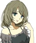  1girl black_shirt blue_eyes brown_hair collarbone green_eyes head_tilt heterochromia idolmaster idolmaster_cinderella_girls long_hair looking_at_viewer off-shoulder_shirt off_shoulder parted_lips shirt simple_background sketch smile solo takagaki_kaede tsukikage_oyama upper_body white_background 