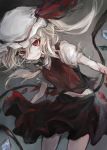  1girl blonde_hair blood bloody_clothes commentary_request cowboy_shot crystal fang flandre_scarlet grey_background grin hasunokaeru hat hat_ribbon highres long_hair looking_at_viewer mob_cap red_eyes red_ribbon red_skirt red_vest ribbon shirt short_sleeves side_ponytail skirt smile solo torn_sleeve touhou vest white_headwear white_shirt wings yellow_neckwear 