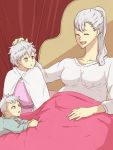  1boy 2girls acier_silva black_clover breasts cape closed_eyes collarbone hand_on_another&#039;s_head jinguu_(timaya) large_breasts long_hair lying mother_and_daughter mother_and_son multiple_girls nebra_silva on_bed ponytail pregnant shirt silver_hair solid_silva violet_eyes white_cape white_shirt younger 