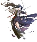  1girl arm_guards armor bangs black_eyes black_hair broken_armor dual_wielding fire_emblem fire_emblem_awakening fire_emblem_heroes full_body headband highres holding holding_sword holding_weapon japanese_clothes katana leg_up long_hair long_sleeves obi official_art open_mouth sash say&#039;ri_(fire_emblem) shiny shiny_hair shoulder_armor solo sword torn_clothes transparent_background weapon yura_(ub4u) 