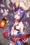  1girl alcohol bangs bare_shoulders blush bob_cut breasts cherry_blossoms collarbone cup eyeliner fate/grand_order fate_(series) full_moon headpiece highres horns japanese_clothes kimono lantern long_sleeves looking_at_viewer makeup moon navel obi off_shoulder oni oni_horns open_mouth paper_lantern petals pouring purple_hair purple_kimono revealing_clothes sakazuki sake sash short_hair short_kimono shuten_douji_(fate/grand_order) skin-covered_horns small_breasts smile teira violet_eyes wide_sleeves 