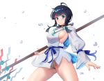  1girl acso bangs bare_shoulders black_hair blue_eyes blue_ribbon blush breasts closed_mouth dress fate/grand_order fate/requiem fate_(series) fundoshi japanese_clothes jewelry large_breasts long_sleeves looking_at_viewer magatama magatama_hair_ornament medium_hair multicolored_hair necklace pelvic_curtain pink_hair polearm puffy_long_sleeves puffy_sleeves ribbon short_dress sideboob sideless_outfit simple_background spear streaked_hair thighs utsumi_erise water_drop weapon white_background white_dress 