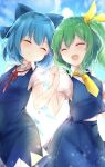  2girls :d ^_^ ascot blue_bow blue_dress blue_hair blue_skirt blue_sky bow cirno closed_eyes closed_mouth clouds daiyousei day dress green_hair hair_bow hair_ribbon happy highres holding_hands ice ice_wings interlocked_fingers karasusou_nano multiple_girls open_mouth red_neckwear red_ribbon ribbon short_hair short_sleeves side_ponytail skirt sky smile touhou wings yellow_neckwear yellow_ribbon 