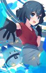  1girl absurdres bangs black_gloves black_hair blue_eyes commentary eyebrows_visible_through_hair gloves grey_shorts highres kaban_(kemono_friends) kemono_friends looking_at_viewer lucky_beast_(kemono_friends) no_headwear no_helmet open_mouth outstretched_arm red_shirt shirt short_hair short_sleeves shorts smile solo standing takosuke0624 