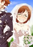  1boy 1girl bare_shoulders blush bouquet breasts bridal_veil bride brown_hair chounan day dress elbow_gloves flower formal gloves godou_tsugumi hair_flower hair_ornament hairclip highres outdoors short_hair small_breasts smile suit sweatdrop tokimeki_memorial tokimeki_memorial_4 upper_body veil wedding_dress white_dress yahagi_sayuri 