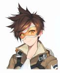  1girl bangs bomber_jacket brown_eyes brown_hair closed_mouth collarbone commentary_request ear_piercing earrings goggles hair_between_eyes highres jacket jewelry korean_commentary lips looking_at_viewer maro_(lij512) overwatch piercing short_hair simple_background smile solo spiky_hair tracer_(overwatch) upper_body white_background 