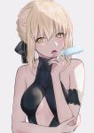  1girl arm_strap artoria_pendragon_(all) bangs bare_arms bare_shoulders black_bow black_swimsuit blonde_hair bow breasts casual_one-piece_swimsuit cleavage_cutout eyebrows_visible_through_hair fate/grand_order fate_(series) food gradient gradient_background grey_background hair_bow highres holding holding_food medium_breasts melting meltymaple one-piece_swimsuit open_mouth popsicle saber_alter short_hair sidelocks solo swimsuit tongue tongue_out upper_body yellow_eyes 