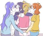  4girls aono_miki bangs blonde_hair blue_hair blue_hairband blue_jacket blue_shirt blue_skirt blush bow brown_hair closed_eyes eyebrows_visible_through_hair french_kiss fresh_precure! from_behind girl_on_top hair_between_eyes hair_bow hair_ornament hair_scrunchie hairband higashi_setsuna holding_hands imminent_kiss jacket kiss long_hair long_sleeves momozono_love multiple_girls negom one_side_up parted_bangs pink_scrunchie pink_shirt precure purple_hair scarf scrunchie shiny shiny_hair shirt short_hair short_over_long_sleeves short_sleeves simple_background sketch skirt straight_hair twintails very_long_hair white_background white_scarf white_sleeves yamabuki_inori yellow_shirt yuri 