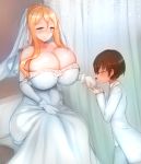  1boy 1girl age_difference blonde_hair blue_eyes blush breasts bride brown_hair closed_eyes covered_navel curtains dress elbow_gloves formal gloves hair_between_eyes hand_kiss huge_breasts indoors kiss original pants saruton sitting suit veil wedding_dress white_gloves white_pants white_suit 