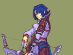  1boy alcryst_(fire_emblem) arrow_(projectile) blue_hair bow_(weapon) commentary fire_emblem fire_emblem_engage glaceo grey_shirt hair_ornament hairclip holding holding_bow_(weapon) holding_weapon looking_at_viewer male_focus pixel_art red_eyes shirt short_hair solo upper_body weapon 