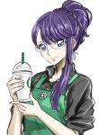  1girl bangs black_shirt blue_eyes braid closed_mouth collared_shirt dress_shirt eyebrows_visible_through_hair glasses high_ponytail holding long_hair looking_at_viewer purple_hair rimless_eyewear shiny shiny_hair shirt simple_background sketch sleeves_rolled_up smile solo starbucks swept_bangs tsukikage_oyama tsukikage_yuri upper_body white_background wing_collar 