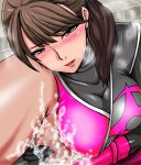  1boy 1girl blush breasts brown_eyes lips long_hair midori_(bar_midori) momochi_kasumi momoninger no_headwear no_helmet open_mouth shuriken_sentai_ninninger soapland 