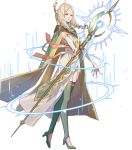  1girl bangs blonde_hair boots cape dress emmeryn_(fire_emblem) fire_emblem fire_emblem_awakening fire_emblem_heroes full_body green_footwear highres holding long_dress long_hair official_art parted_bangs solo staff thigh-highs thigh_boots transparent_background 