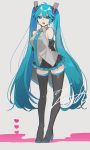  1girl arms_behind_back bare_shoulders black_legwear black_skirt blue_eyes blue_hair blue_neckwear blush breasts collared_shirt detached_sleeves eyebrows_visible_through_hair eyelashes full_body grey_background grey_shirt hair_between_eyes hatsune_miku headset heart heart_background highres jitome legs_apart long_hair medium_breasts necktie open_mouth pecchii pink_background pleated_skirt shiny shiny_hair shirt sidelocks signature simple_background skirt sleeveless sleeveless_shirt solo standing thigh-highs twintails two-tone_background very_long_hair vocaloid zettai_ryouiki 