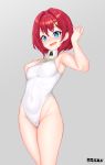  1girl absurdres ange_katrina blue_eyes breasts cowboy_shot erobaldo grey_background hair_ornament highleg highleg_swimsuit highres nijisanji redhead short_hair simple_background small_breasts solo standing swimsuit turtleneck virtual_youtuber white_swimsuit 