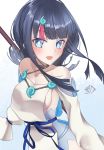  1girl bangs bare_shoulders black_hair blue_background blue_eyes blue_ribbon blush breasts collarbone dress fate/grand_order fate/requiem fate_(series) gradient gradient_background highres jewelry long_sleeves looking_at_viewer magatama magatama_hair_ornament medium_breasts medium_hair multicolored_hair necklace open_mouth pelvic_curtain pink_hair polearm puffy_long_sleeves puffy_sleeves ribbon short_dress sideboob sideless_outfit smile spear streaked_hair utsumi_erise weapon white_dress z.m._(school913102) 