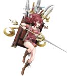  1girl anna_(fire_emblem) backpack bag bangs boots fire_emblem fire_emblem_awakening fire_emblem_heroes full_body highres kaya8 knee_boots long_hair official_art ponytail red_eyes redhead short_sleeves shorts solo tied_hair transparent_background weapon 
