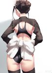  1girl ass black_legwear black_swimsuit bow brown_hair commentary_request competition_swimsuit cowboy_shot facing_away from_behind hair_bun jonsun large_bow long_sleeves maid_headdress mixed-language_commentary nape one-piece_swimsuit original short_hair shrug_(clothing) solo swimsuit thigh-highs twitter_username two-tone_background white_bow 