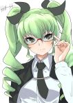  1girl adjusting_eyewear anchovy_(girls_und_panzer) anzio_school_uniform artist_name bangs black_cape black_neckwear black_ribbon cape closed_mouth dress_shirt drill_hair eyebrows_visible_through_hair girls_und_panzer glasses green_hair hair_ribbon highres kakimoto_nao long_hair long_sleeves looking_at_viewer necktie red-framed_eyewear red_eyes ribbon school_uniform semi-rimless_eyewear shirt signature simple_background smile solo twin_drills twintails under-rim_eyewear upper_body white_background white_shirt 