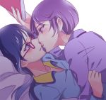  2girls blue_eyes blue_hair blue_shirt collarbone dokidoki!_precure dress_shirt eye_contact glasses hishikawa_rikka holding imminent_kiss kenzaki_makoto long_hair long_sleeves looking_at_another multiple_girls negom open_mouth pajamas precure purple_hair purple_shirt red-framed_eyewear shiny shiny_hair shirt simple_background upper_body violet_eyes white_background yuri 