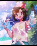  1girl :d bangs beanie black_hair blush clouds commentary_request day gen_7_pokemon green_shorts hat highres holding looking_at_viewer mizuki_(pokemon) open_mouth outdoors outstretched_arm palm_tree pokemon pokemon_(creature) pokemon_(game) pokemon_sm popplio red_headwear rinka_na31415 shirt short_hair short_sleeves shorts sky smile starter_pokemon summer teeth tied_shirt tongue tree upper_teeth water 