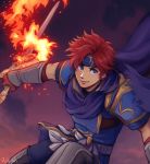  1boy armor belt blue_eyes blue_shirt bracer cape fingerless_gloves fire fire_emblem fire_emblem:_the_binding_blade flaming_sword flaming_weapon gloves headband highres redhead reverse_grip roy_(fire_emblem) ruba shirt smile super_smash_bros. sword weapon 