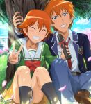  1boy 1girl :d belt black_legwear blazer blue_eyes blue_pants brown_footwear facing_viewer hair_between_eyes jacket kneehighs long_sleeves mamiya_myanmar nanakawa_rui nanakawa_tadashi necktie open_mouth orange_hair outdoors pants red_neckwear school_uniform serafuku siblings sitting skirt smile tokimeki_memorial tokimeki_memorial_4 tree twins v yellow_skirt 