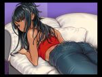  1girl ass bangs bare_shoulders black_border black_hair blue_pants blush border couch crop_top dark-skinned_female dark_skin denim dokiyuri eyebrows_visible_through_hair idolmaster idolmaster_shiny_colors jeans kazano_hiori long_hair looking_at_viewer looking_back lying mole mole_under_mouth on_stomach pants pillow ponytail red_shirt shirt sleeveless sleeveless_shirt solo tan violet_eyes 