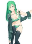  1girl black_legwear bra closed_mouth collarbone green_bra green_eyes green_hair green_jacket green_panties groin hood hood_down hooded_jacket jacket long_hair long_sleeves looking_at_viewer navel open_clothes open_jacket original panties saruno_(eyesonly712) shiny shiny_hair side-tie_panties simple_background solo standing straight_hair striped striped_bra striped_panties thigh-highs underwear undressing white_background 