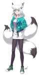  1girl animal_ear_fluff animal_ears aqua_footwear aqua_jacket black_legwear blue_eyes fox_ears full_body hands_in_pockets highres hijinrui_gakuen hood hood_down hoodie jacket kyuubi looking_at_viewer multiple_tails nogi_(sakanashikatabenai) pantyhose shoes signature simple_background skirt sneakers standing tail white_background white_hair white_skirt 