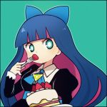  1girl ayu_(mog) blue_eyes blue_hair bow cake eating food fork fruit hair_bow long_hair looking_at_viewer multicolored_hair panty_&amp;_stocking_with_garterbelt plate solo stocking_(psg) strawberry strawberry_shortcake two-tone_hair 